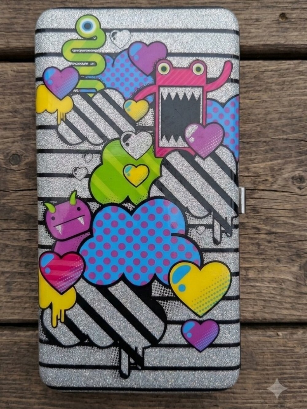 Loungefly Silver Glitter Pop Art Hearts & Monsters Hard Wallet Case